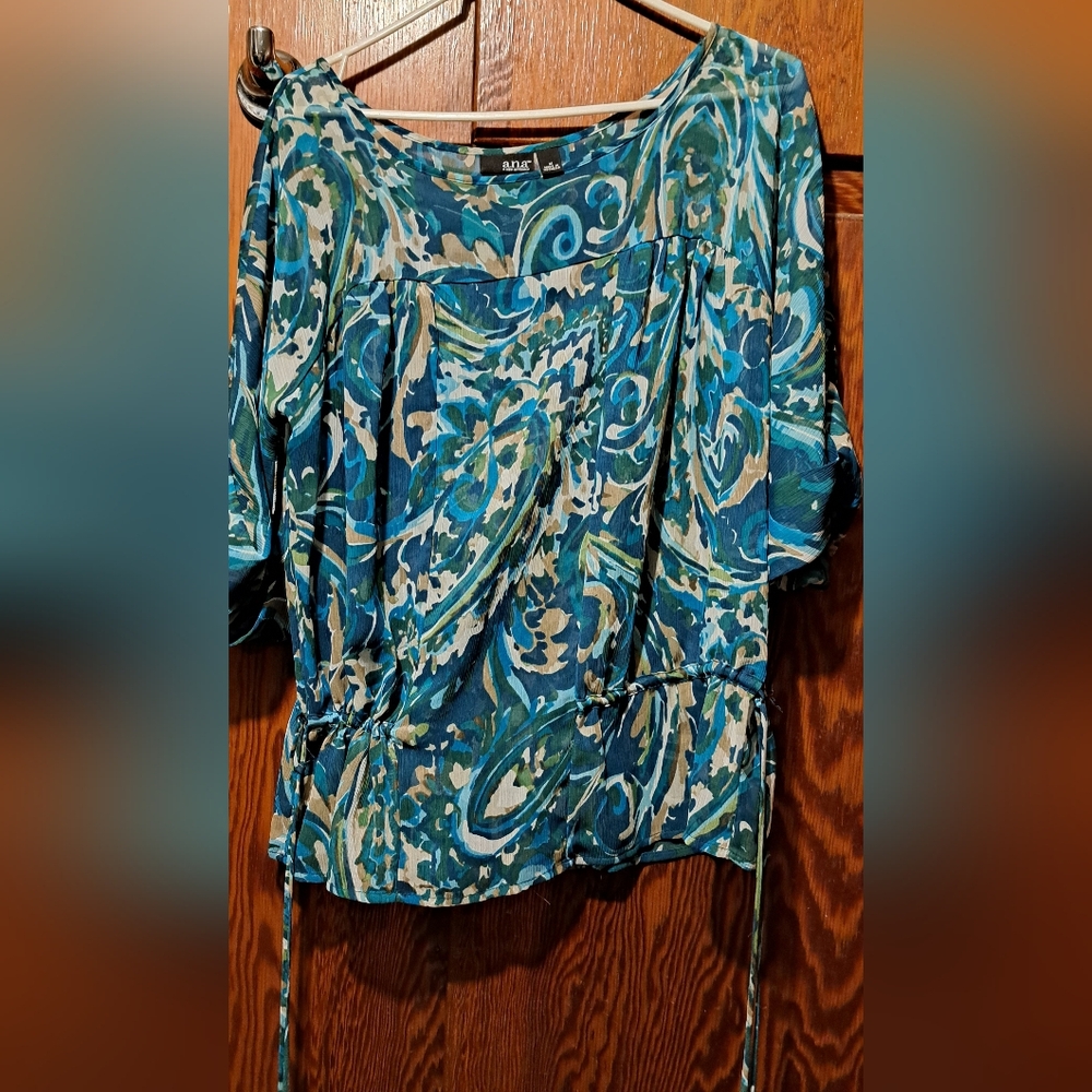 A.N.A. Teal and White Paisley Sheer Blouse Size M
